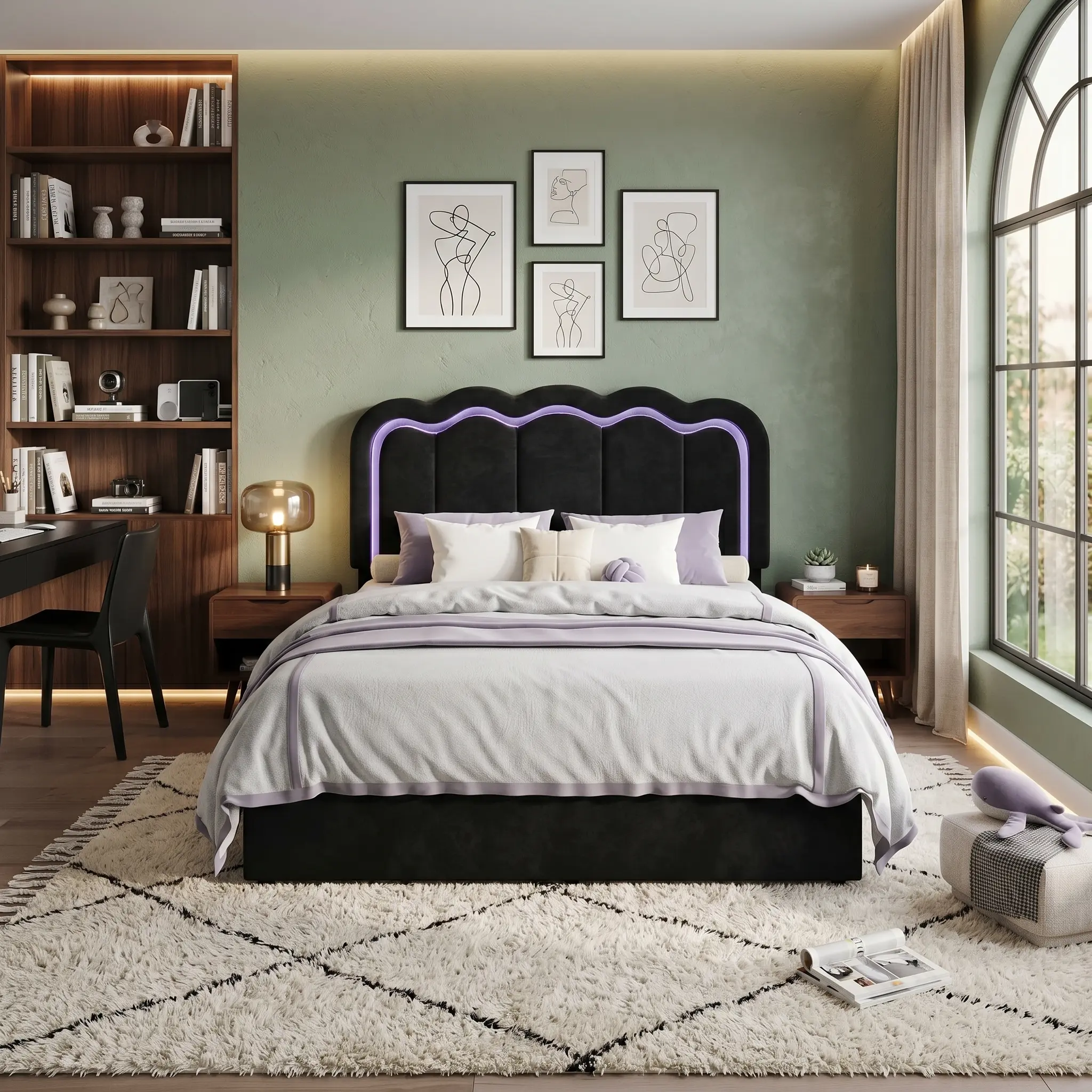 Black Upholstered LED-Accented Bed Frame - Luxe Illuminated Design with Adjustable Velvet Wavy Headboard, Wooden Slats Support, No Box Spring Required, Easy Assembly for Home Bedroom, Upholstered Bed Frames, Illuminated Bed Frames