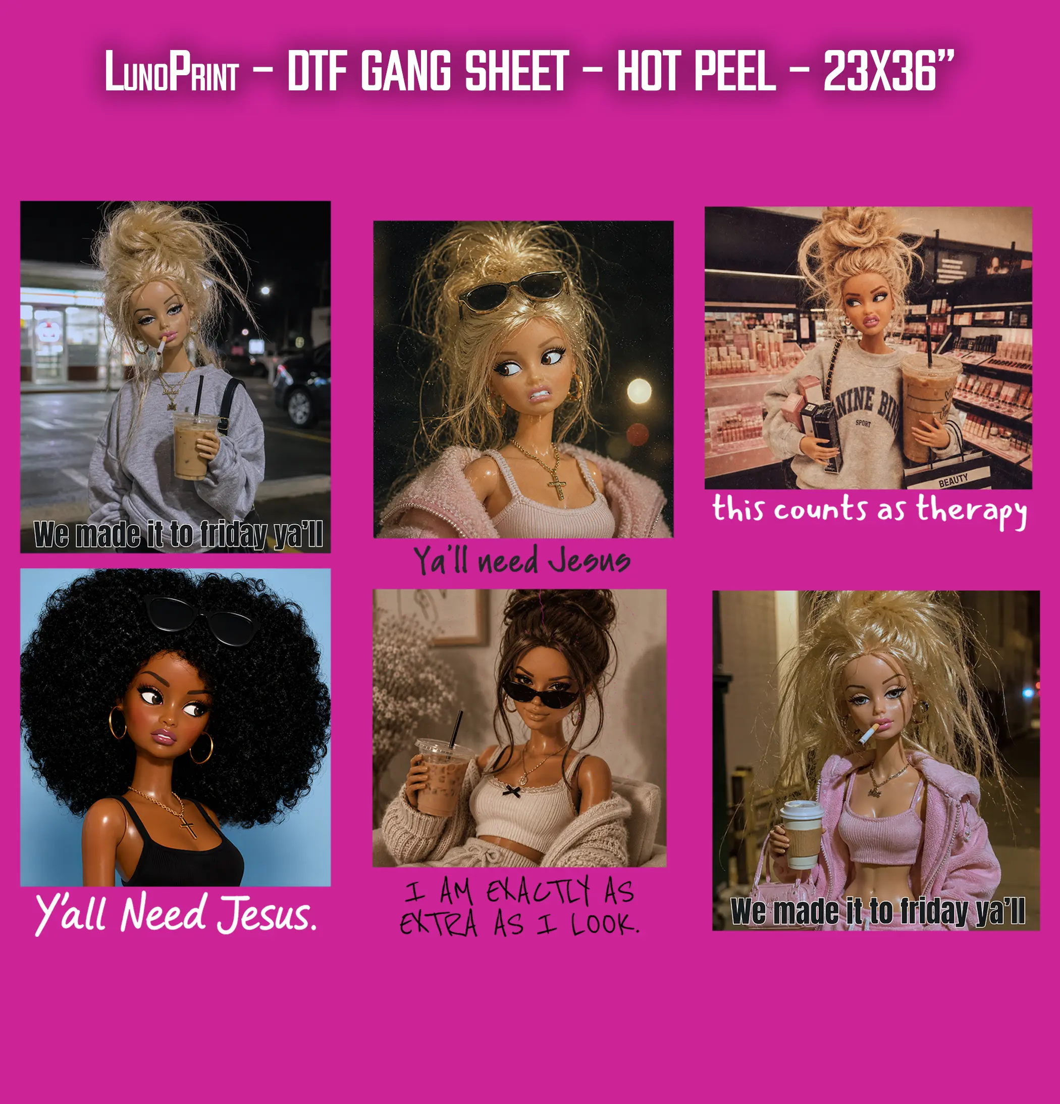 Doll Meme DTF Gang Sheet 23x36 in. Ready-to-press Hot Peel Heat transfers 9277