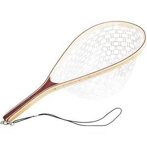 Wooden handle fly fishing net - lightweight, knotless rubber net, fish friendly, perfect for catching and releasing, ideal for trout, bass and freshwater fish, freshwater and saltwater - an excellent gift for anglers and fathers