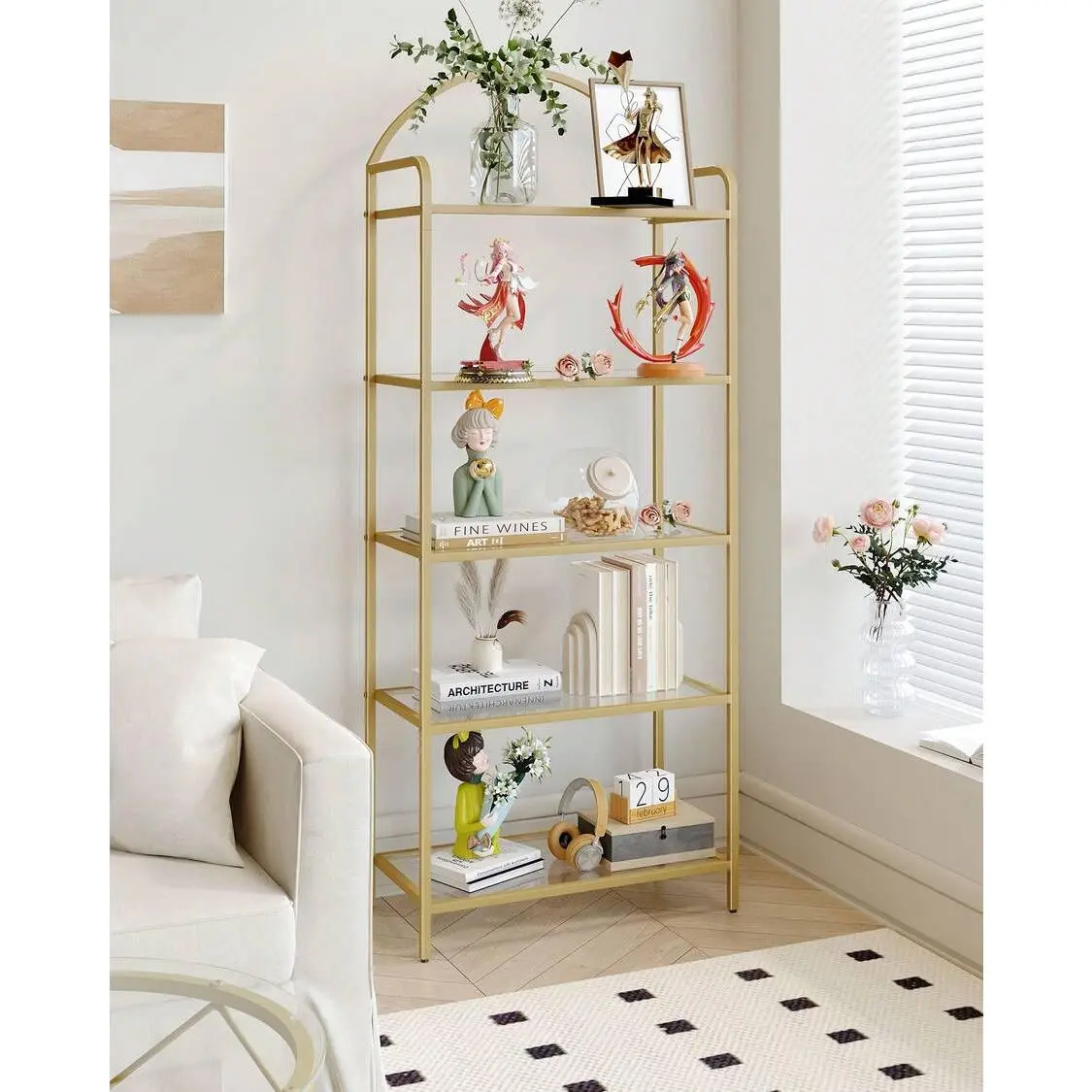 Bookcase Bookshelf, Tempered Glass Bookshelves, Slim Shelving Unit For Bedroom, Bathroom, Home Office, Steel Frame, 5 Tier Gold/6 Tier Gold
