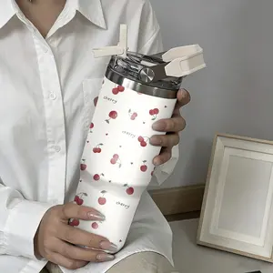 30oz Stainless Steel Travel Mug, Cartoon Cherry Print, Reusable Coffee Cup, Ideal Gift for Women, Perfect for Cold & Hot Drinks