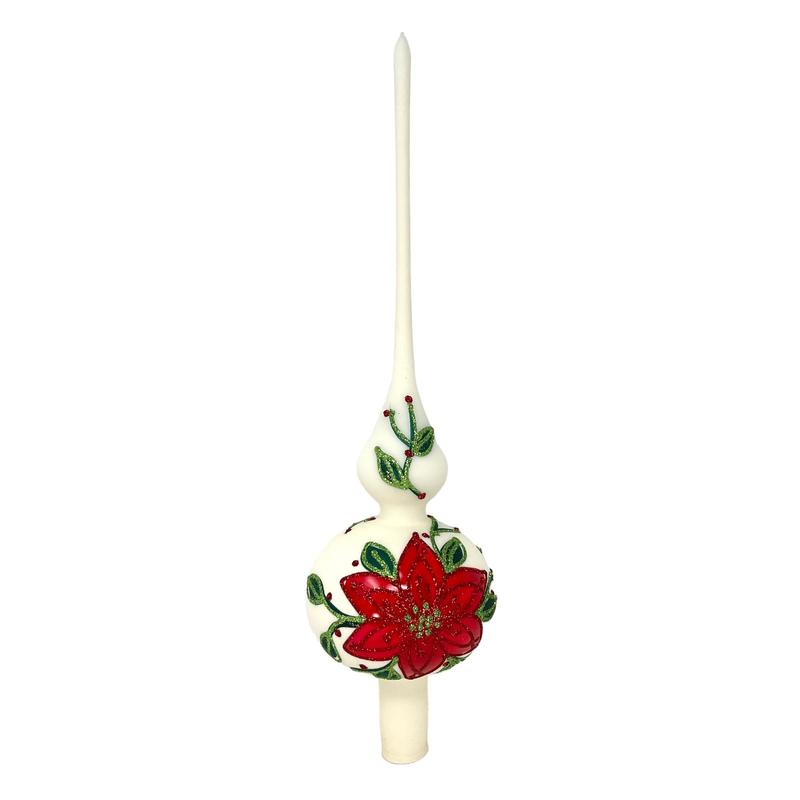 Pinnacle Peak Trading Poinsettia Design White Polish Glass Finial Christmas Tree Topper 14.5 inch