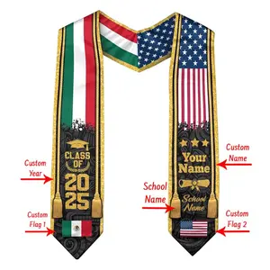 Dual Flag Graduation Stole Personalized Name School Year Cultural Sash Class of 2026, Unique Senior Gift for Graduation Ceremony