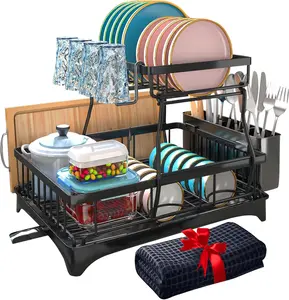 2-Tier Rectangular Adjustable Metal Dish Drying Rack Set with Drainboard, Mat, Utensil Holder and Cup Holder, Kitchen Counter Home Organizer, Women's Mother's Day Gift