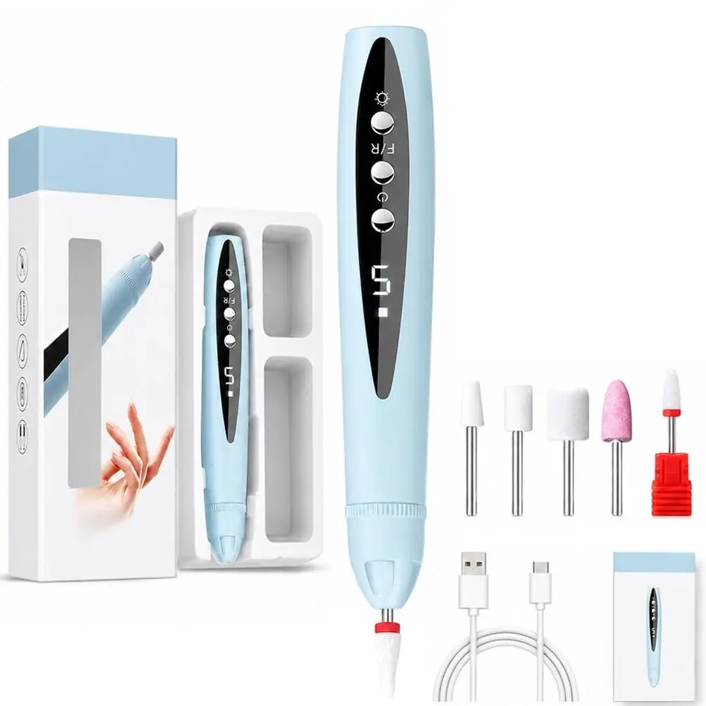 Women's 2-in-1 Electric Nail Drill with UV Gel Light - Daily, Lightweight, Compact Cordless Rechargeable Manicure Pedicure Kit, 5-Piece Bits, File, Thick Toenail Grinder, Buffer, Powder Dust Remover Tools for Beginners
