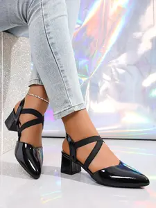 Elegant Women's Closed-Toe High Heel Sandals, Shiny Artificial Leather, Cross Strap Mid Heel, Daily Wear Shoes