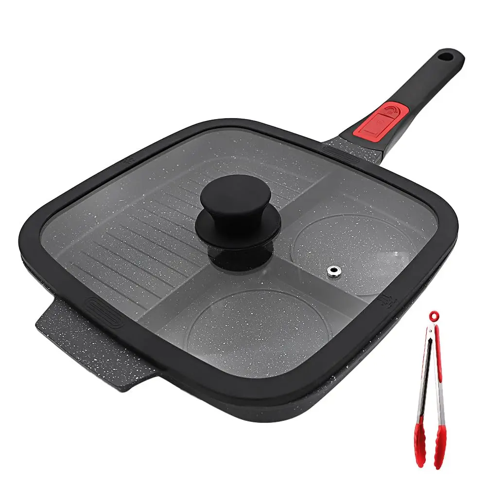 WENZHUO Nonstick Square Grill Pan with Lid - 3-Section, PFOA-Free, Detachable Handle, Multi-Zone Griddle, Compatible with All Stove Tops for Versatile Cooking