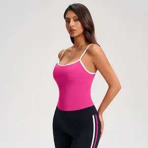 Women's U-Neck Contrast Trim Sports Cami - Double Brushed Fabric, with Removable Pads, Form Fitted Workout Tank for Yoga & Pilates