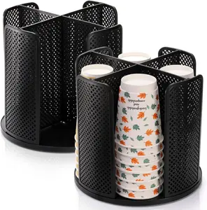 4-Compartment Rotating Paper Cup Holder & Coffee Cup Lid Storage Dispenser, Plastic Cup Dispenser Removable, Space-Saving Countertop Cup Holder for Coffee Bars, Kitchens