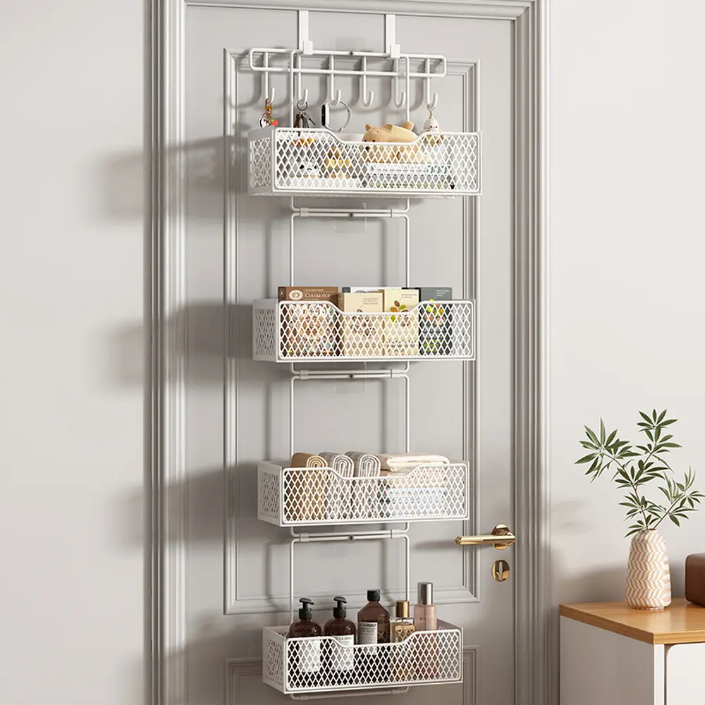 Over The Door Organizer - Hanging Door Organizer with 4 Metal Large Capacity Baskets and  6 Coat Hook for Bathroom Bedroom Kitchen Pantry Closet Cabinet﻿