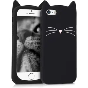 Case Compatible with  iPhone SE (1.Gen 2016) / iPhone 5 / iPhone 5S - Cat Case Soft Cute Protective Silicone Cover - Black/White