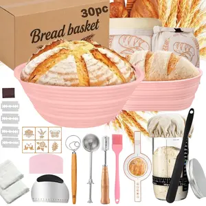 30 Pcs Sourdough Starter Kit with Silicone Round & Oval Banneton Bread Proofing Basket, Starter Jar, Dough Whisk, Scrapers, Stencils, Complete Sourdough Bread Baking Supplies, Fathers Day Gift for Men