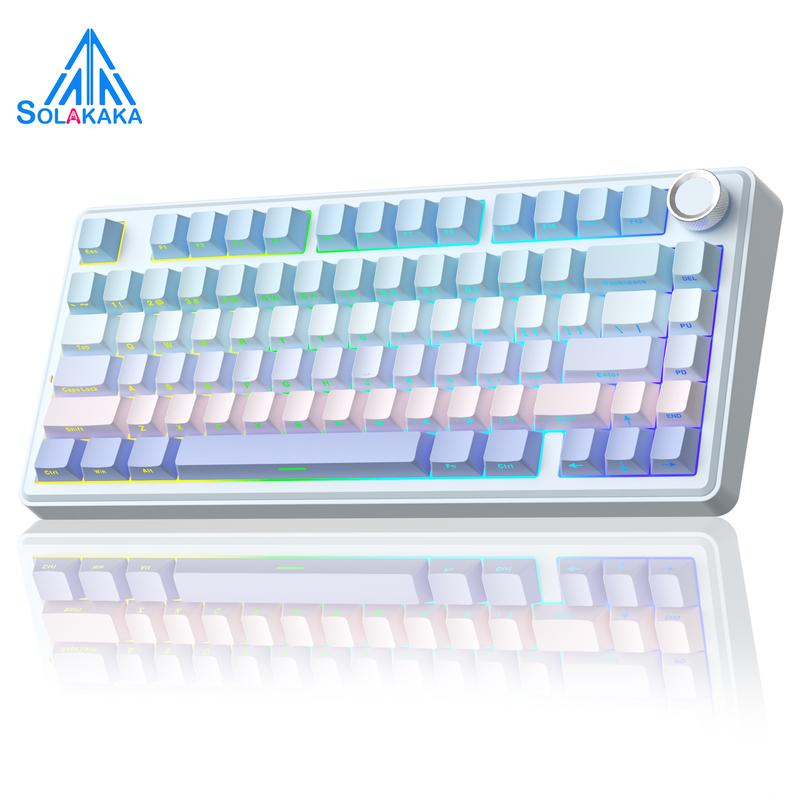 SOLAKAKA A75 Wireless 75% Mechanical Keyboard features hot-swappable keys, RGB lighting, a multi-function knob, sealed keys, PBT keycaps, and a creamykeyboard design. It is suitable for PC/Mac.