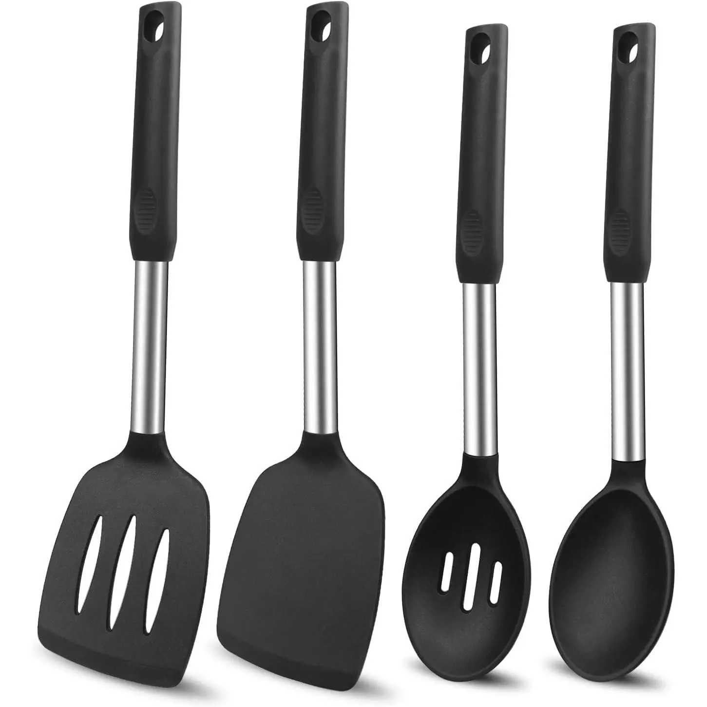 BPA-Free Silicone Kitchen Utensils 4-Pack (Black) - Insulated Stainless Steel Handles, Large Heat-Resistant Turner, Solid Spoon, Slotted Spoon, Spatula for Mixing, Frying, Non-Stick Cookware with Draining Holes