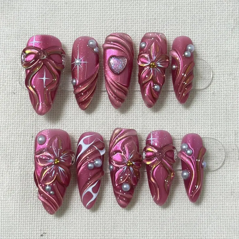 Cute sparkly pink cat eye handmade press on nails with 3D pearl flower and bow art, reusable custom size nail box perfect for sweet gift ideas