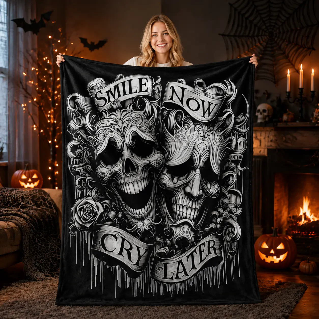 Gothic Skull Throw Blanket, Dark Aesthetic Skeleton Soft Flannel Blanket with Tattoo Art Design for Couch Sofa Bed, Halloween Decor Gift