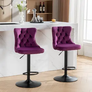 Swivel Counter Height Bar Stools Set of 2, Violet Kitchen Island Barstools, Velvet Adjustable Bar Height Stool Chairs, Tufted Back, Black Metal Base, Sillas para Barra de Cocina (Purple, Velvet, 2 Pc)