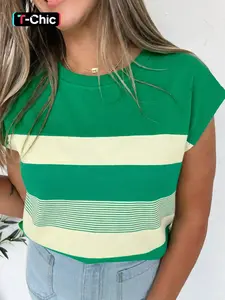 Summer Fashion Striped Colorblock Mixed Print Round Neck Shoulder Cover Sleeve T-Shirt, Casual Style, Women's Clothing, Top, Fitted, Womenswear