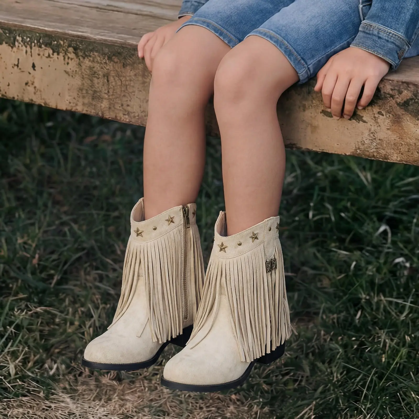 Girls' Cowgirl Boots with Fringe - Western Cowboy Boots for Girls Toddler Little Big Kids, Non-Slip Round Toe Side Zipper Faux Suede Tassel Star Studs  for Daily Birthday