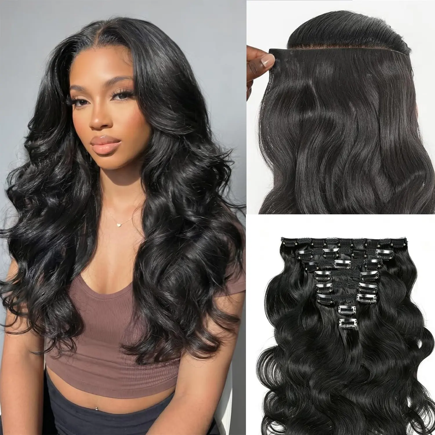 Body Wave Clip Ins Human Hair 8Pcs/Set 110 Gram Body Wave Clip in Hair Extensions 10A Brazilian Virgin Human Hair for Black Women Natural Black Color