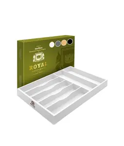 Royal Craft Wood Silverware Drawer Organizer - Bamboo Wooden White Silverware Tray with 7 Slots and Anti-Slip Tabs - Drawer Utensils Holder