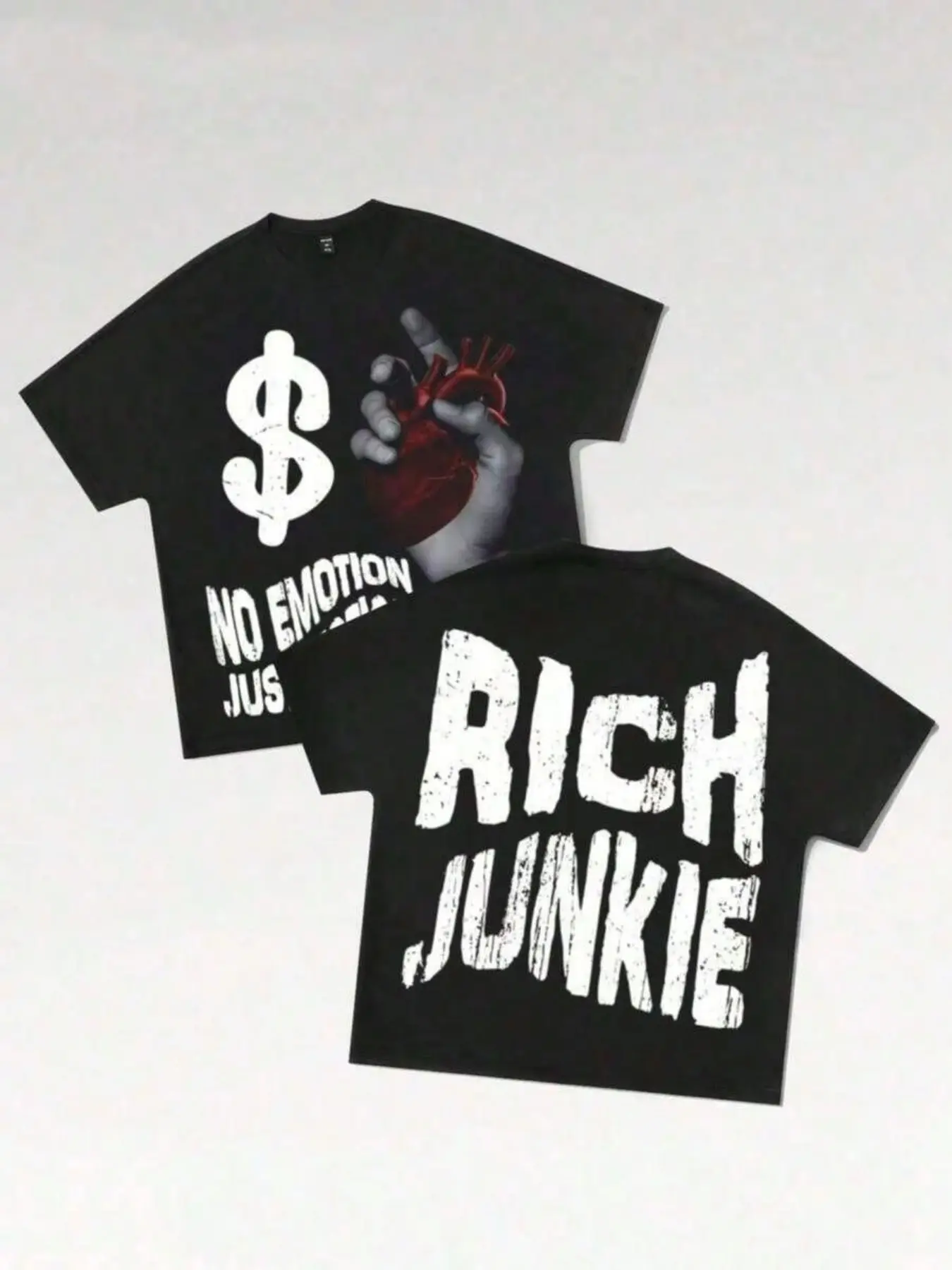 Oversized Grunge Graphic T-shirt, "No Emotion Just Motion" & "Rich Junkie" Slogan Tee, 90s Y2K Streetwear with Bold Heart Hand Print, Dark Aesthetic Casual Shirt for Men Women, Perfect for Skate & Urban OOTD Vibe