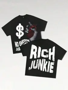 Oversized Grunge Graphic T-shirt, "No Emotion Just Motion" & "Rich Junkie" Slogan Tee, 90s Y2K Streetwear with Bold Heart Hand Print, Dark Aesthetic Casual Shirt for Men Women, Perfect for Skate & Urban OOTD Vibe