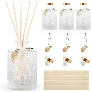 Glass Reed Diffuser Bottles for Home, Set of 3 Vintage Embossed Apothecary Style Diffuser Bottles with 20PCS Reed Diffuser Sticks, Cork Lids Flower Bud Vases