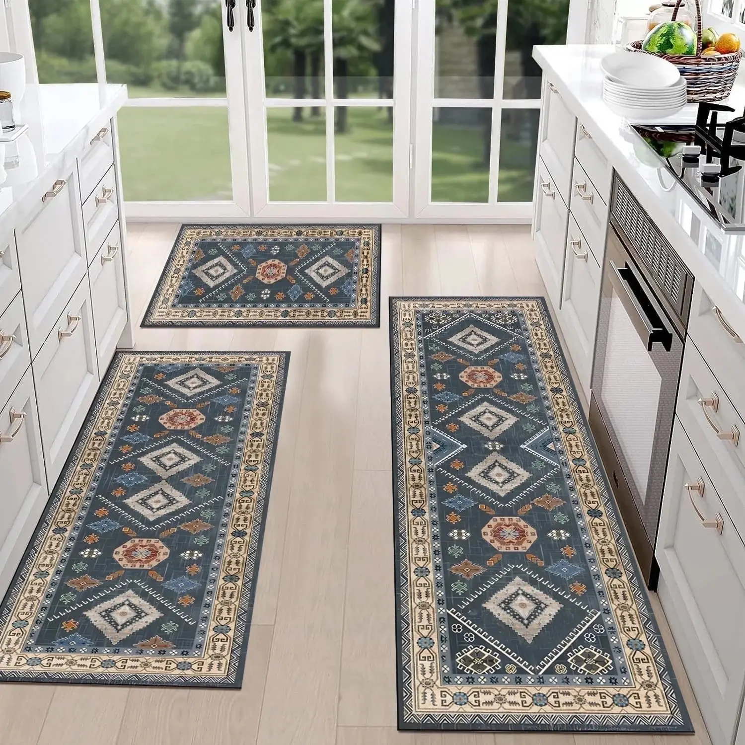 Boho 3 Piece Rug Sets Blue/Grey/Red/Original Color Flannel Thick Washable Non Slip Kitchen Rugs Mats for Hallways Laundry Rooms & Holiday Decor Bohemi