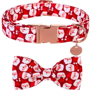DOGWONG Christmas Dog Collar with Bow Tie - Red Santa, Soft Durable Adjustable Cotton, for Small/Medium/Large Dogs