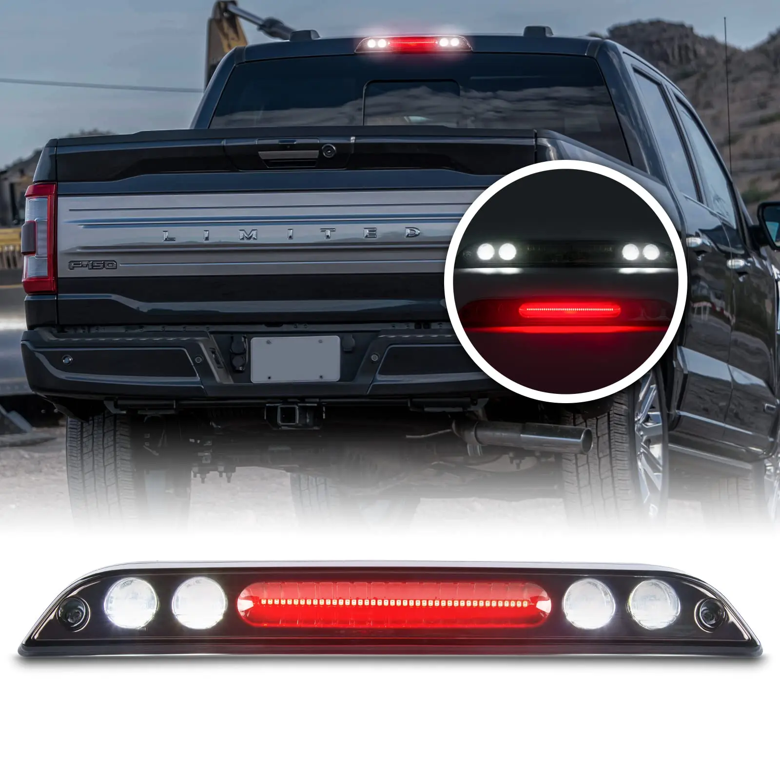 Gempro LED 3rd Brake light for Ford F150 2015-2024, F250 F350 F450 F550 Super Duty 2017-2024/Ranger/Maverick, High Mount Stop light Cargo light Rear Cab Roof Center Tail Third Brake Light, Smoke Lens