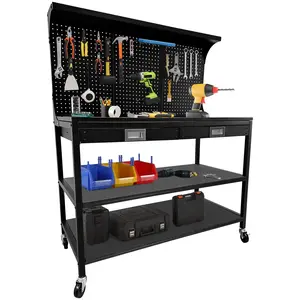 【GARVEE】48 Inch Workbench, Heavy Duty Steel Tool Workbench with 2 Drawers and 2 Storage Shelves, Multifunctional Work Table with Pegboard and Wheels for Garage, Workshop, Basement