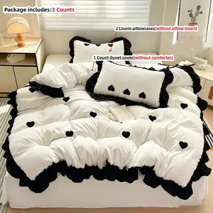 3pcs Embroidered Heart Lace Decorative Bedding Set, Includes 1 Lace Duvet Cover and 2 Pillowcases(without any filling)Zipper Design, Soft Fabric, All Seasons