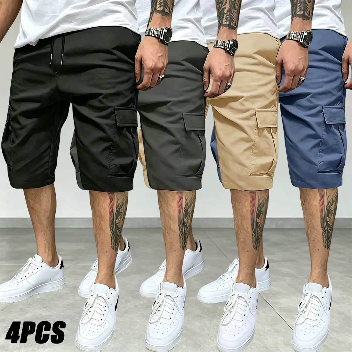 4PCS [Men’s Cargo Pants] Stylish men’s drawstring casual athletic cargo shorts with a straight cut, suitable for outdoor sports, comfortable and versatile—an essential fashion piece.