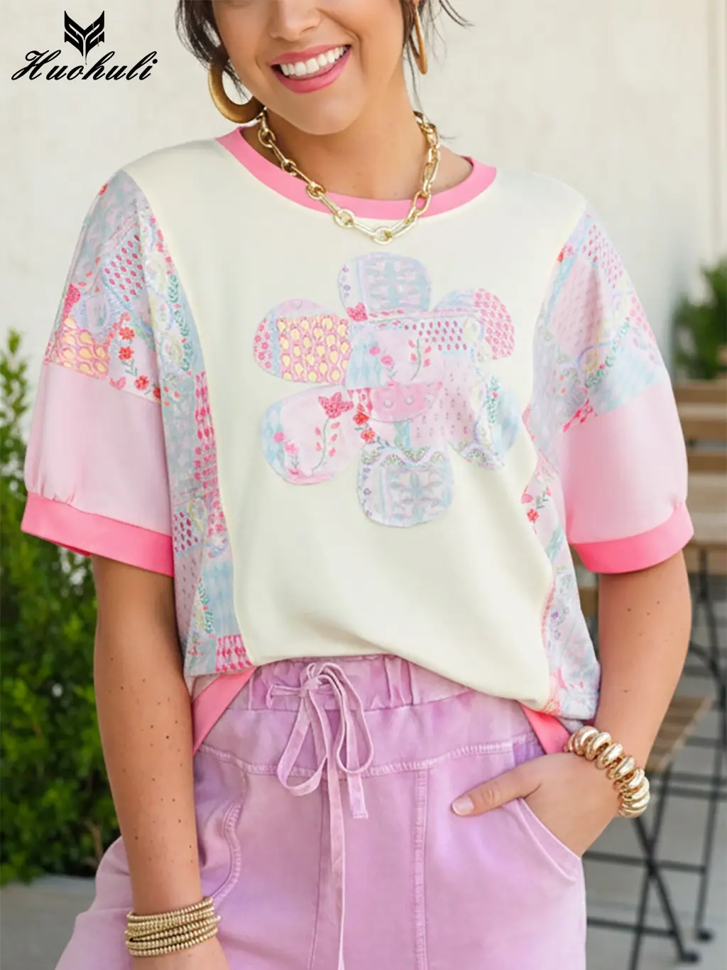 Women's Casual Chic Top with 3D Flower Accent, Bohemian Floral Patchwork Design, Shortsleeve Cotton-Rich Blend with Button Accent for Thanksgiving, Fitted, Women's Clothes, Clothes For Women