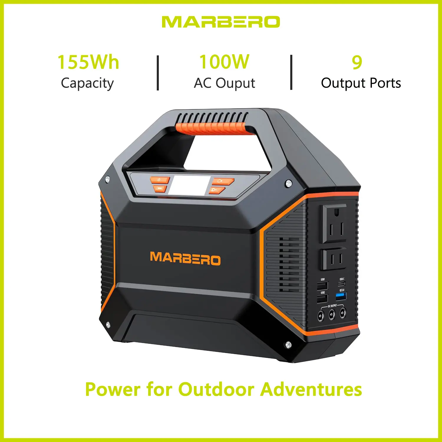MARBERO 155Wh Portable Power Station 9 Output Ports with 2 x 100W  AC Outlets(150W Surge) Built-in Flashlight for Home Camping Essentials Hurricane Emergency Rechargeable Battery Operated outdoor gadgets