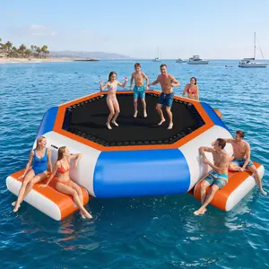 AMERLIFE Inflatable Water Trampoline, 10FT Floating Water Bouncer with Rope Ladder, 12/15FT Floating Water Bouncer with 3 Platforms, High Elastic Net, Durable PVC, Large Jumping Area with Electric Pump, Recreational Bounce Platform for Kids&Adults