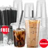 [32oz-12oz] Clear Plastic Cups With Lids and Straws, Disposable Cups With Lids for Iced Coffee, Smoothie, Milkshake and Cold Drinks