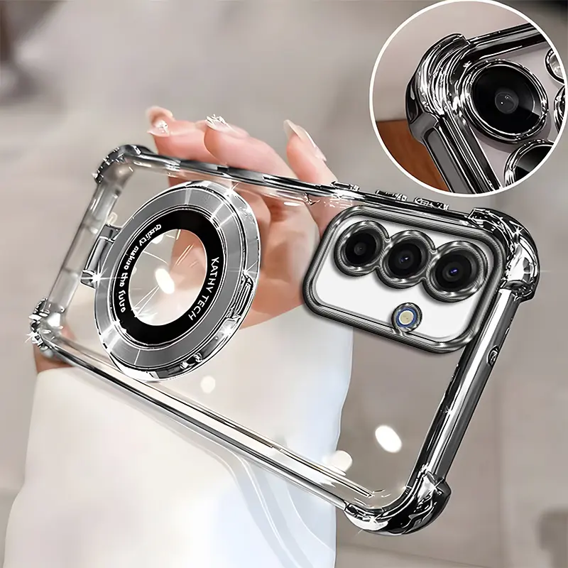 Suitable for [Galaxy A17] high-end phone cas, Electroplated Luxury Clear Phone Case with Ring Stand Holder 4-Corner Shockproof Camera Protective Cover 952