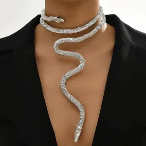 A Middle Eastern silver fashion statement necklace with an adjustable, exaggerated snake-shaped mesh chain design that fits around the neck link Versatile Pendant name cross herringbone