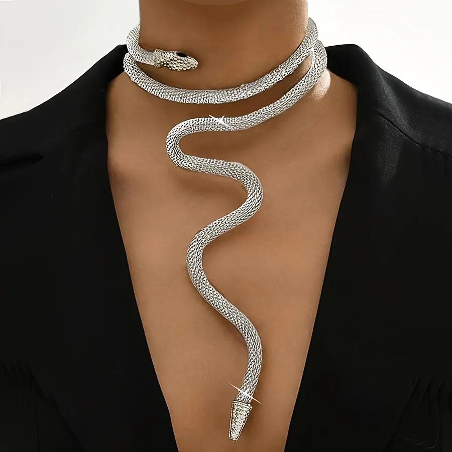 Middle Eastern Silver Fashion Statement Necklace - Adjustable Exaggerated Snake-Shaped Mesh Chain-Link Design, Fits Around Neck, Versatile Cross Pendant