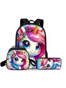 Colorful and cute unicorn print backpack three-piece set, including lunch bag, pencil case, and backpack, School Backpacks