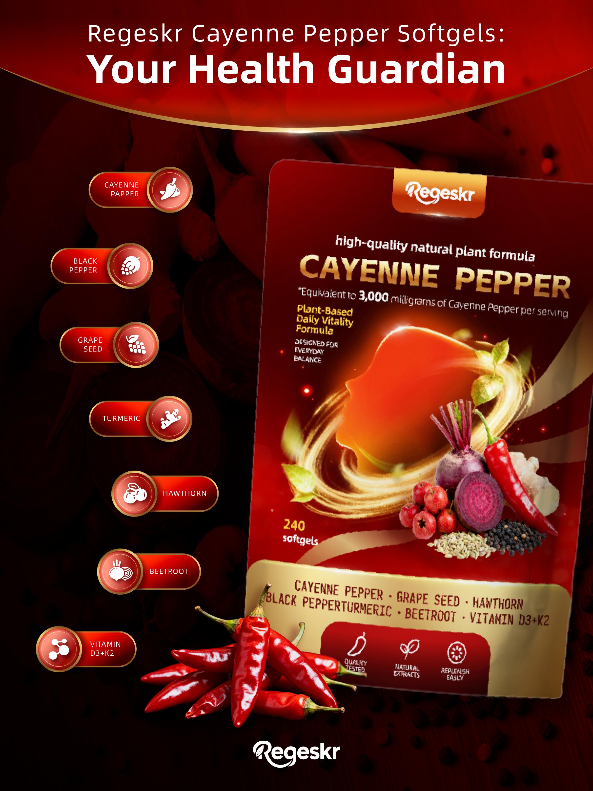 Regeskr Cayenne Pepper Softgel Capsules – Herbal Wellness Formula with Vitamins E, D3 & K2, Grape Seed, Hawthorn & Beetroot Extract (240 Softgels / 1 Pouch)