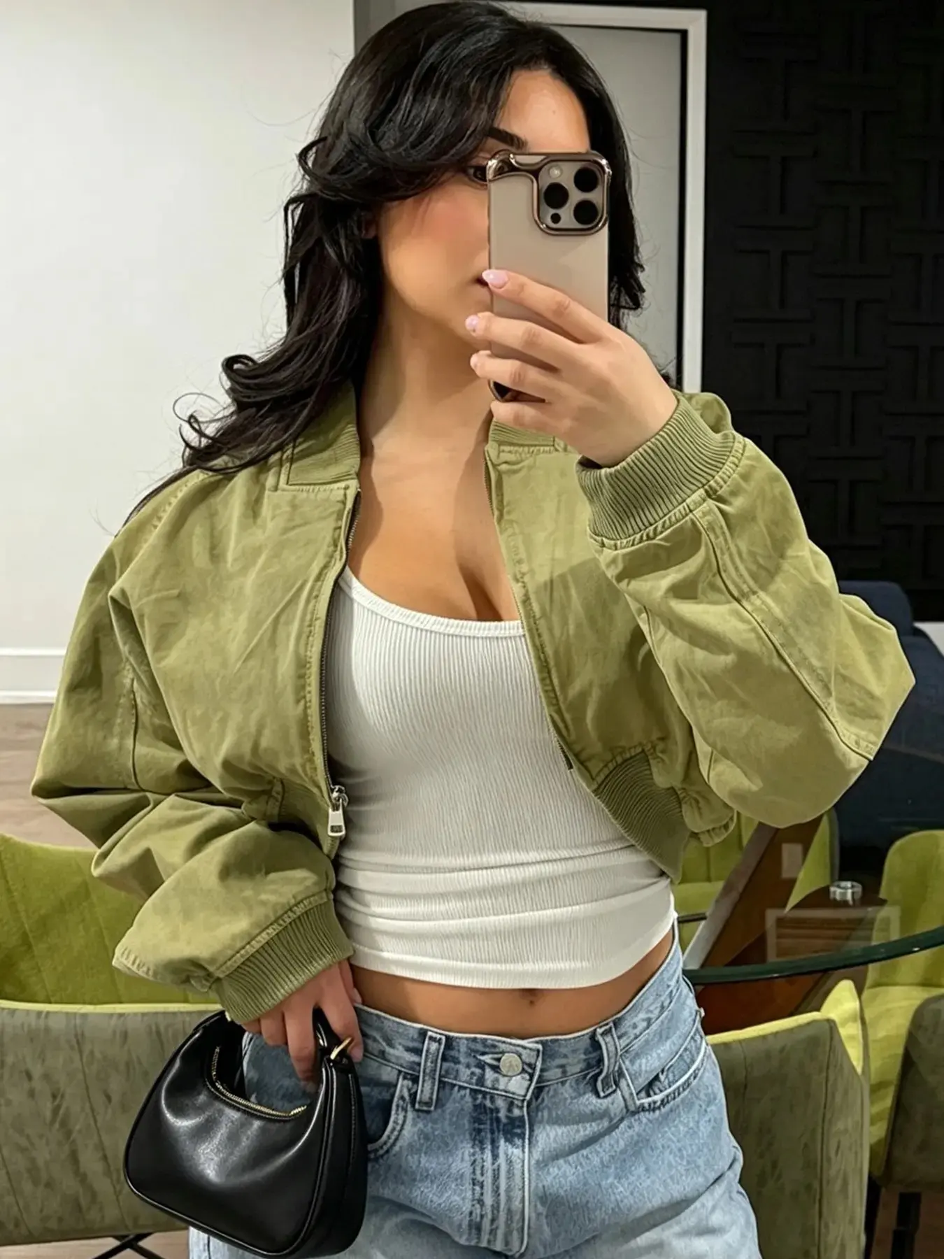 Crop Oversized Jacket Women's Bomber Jacket Demi-Season 2026 Ladies Fashion Basic Green Varsity Outerwears Casual O-Neck Zip-Up Long Sleeve Tops For Women New Arrival Versatile High Street Pilot Coat Womenswear