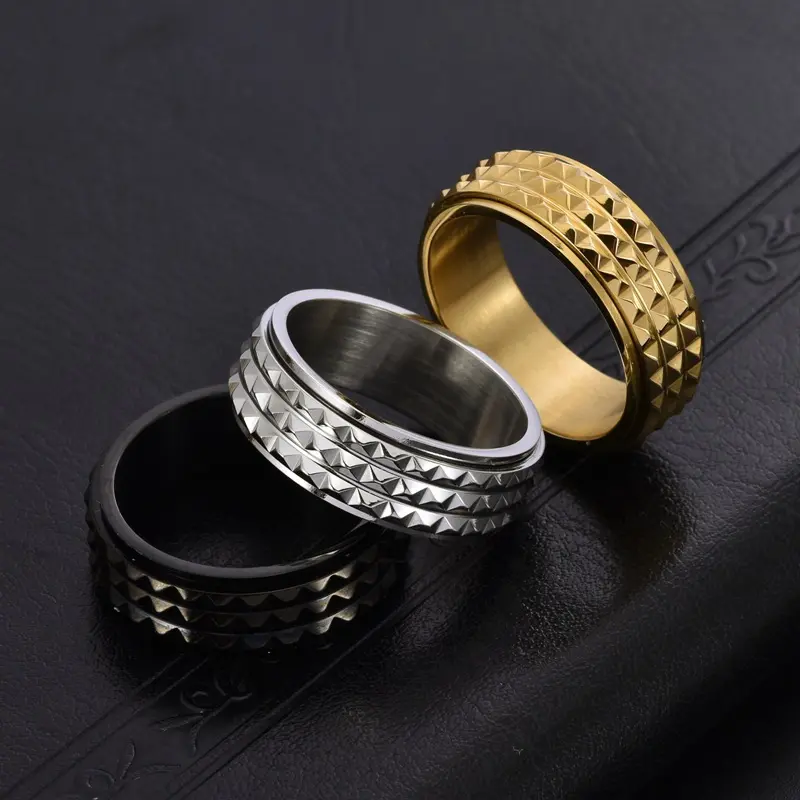 Male Geometric Pyramid Ring - Gold Plated Titanium Steel, Rotatable Decompression Band, Golden Rock Style, for Casual Daily Fashion Accessories, Single Ring, Pyramids
