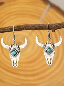 Vintage Bohemian Chic Cow Head Design Dangling Earrings (1 Pair), Turquoise Texture Decor Drop Earrings, Fashion Unique Elegant Jewelry Accessories for Women