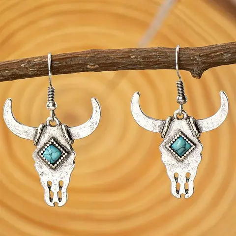 Vintage Bohemian Chic Cow Head Design Dangling Earrings (1 Pair), Turquoise Texture Decor Dangle Style Drop Earrings, Fashion Charming Unique Elegant Jewelry Accessories for Women Outfit