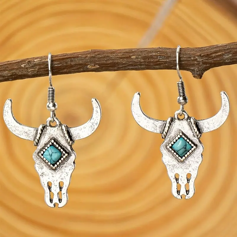 Vintage Bohemian Chic Cow Head Design Dangling Earrings (1 Pair), Turquoise Texture Decor Dangle Style Drop Earrings, Fashion Charming Unique Elegant Jewelry Accessories for Women Outfit