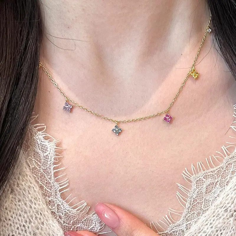 Sterling Silver 925 Four Leaf Clover Necklace Dainty Clavicle Chain with Colorful Zircon Pendant Lucky Charm Viral Social Media Jewelry Gift for Women Girls Teens