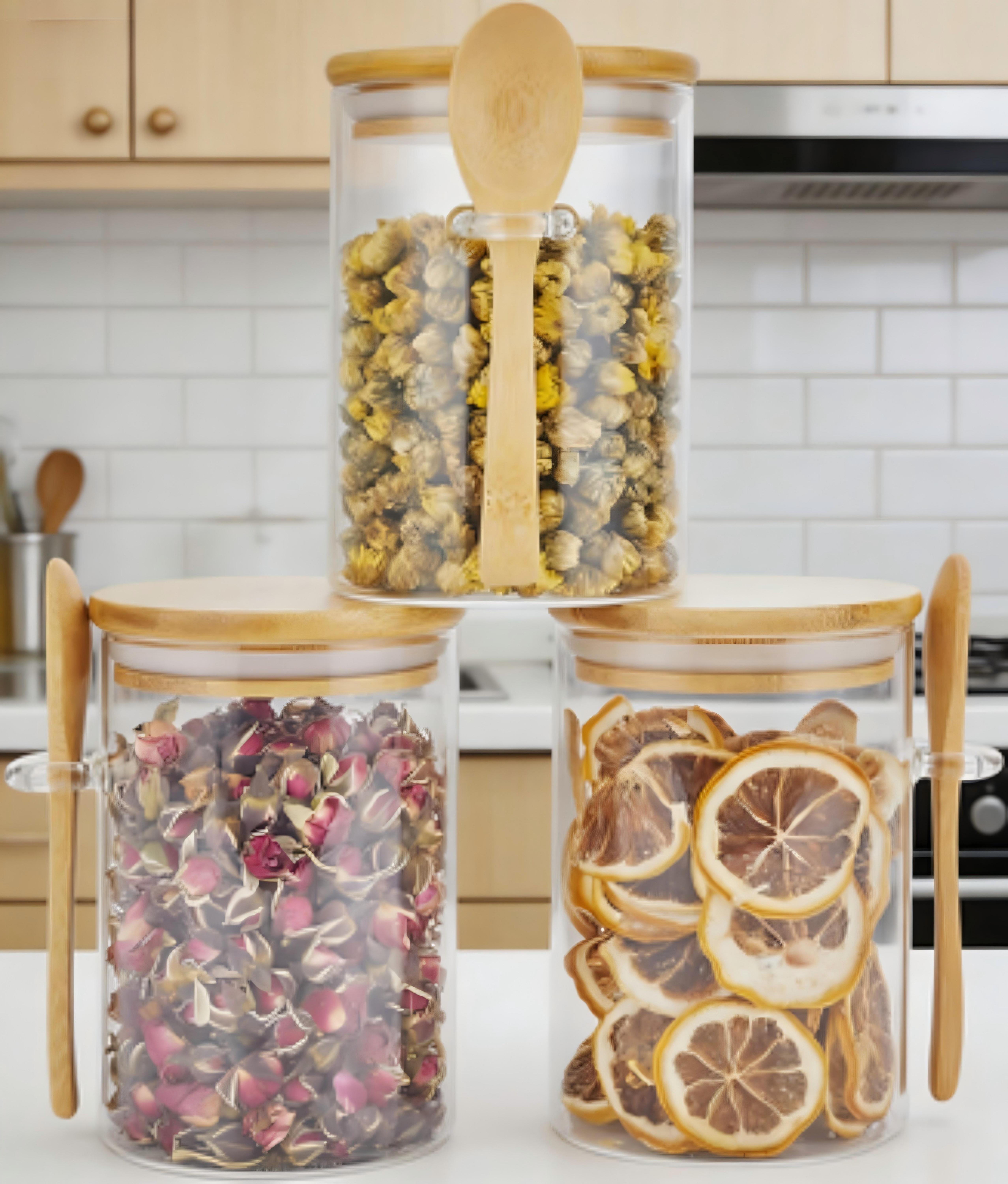 Set of 3 Glass Storage Jars with Airtight Bamboo Lids and Spoons, 15oz Glass Food Canisters for Kitchen Organization, Ideal for Coffee Beans, Tea, Flour, Salt, Nuts, Candy, Cookies and More Set of 3 Glass Storage Jars with Airtight Bamboo Lids and Spoons, 15oz Glass Food Canisters for Kitchen Organization, Ideal for Coffee Beans, Tea, Flour, Salt, Nuts, Candy, Cookies and More